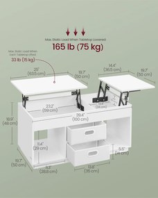 Dohányzóasztal, felemelhető asztallapos dohányzóasztal 2 fiókkal és rejtett rekesszel, 50x100x48 cm fehér