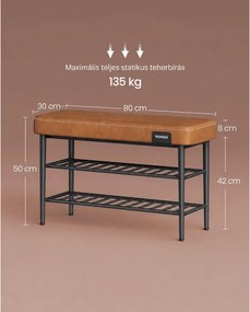 VASAGLE EKHO cipőtartó pad, 3 tárolószinttel és párnázott ülőfelülettel, 80 × 30 × 50 cm, karamellbarna