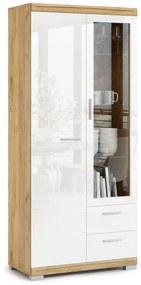 Mazzoni SIMPLE KWD2SZ2 magas komód Arany Tölgy/Fehér Fényes - VITRINES SZEKRÉNY NAPPALIBA KÖNYVESPOLC KOMÓD