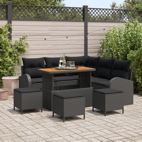 9 Rész Kerti Kanapé Szett Párnákkal Fekete Rattan Akáciával, 2-Fős Kerti Kanapé Párnákkal Fekete Rattan, 4 Rész Kerti Étkező Szett Párnákkal Fekete Rattan Akáciával