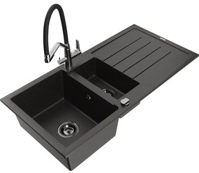 Mexen Andres gránit mosogató 1,5-medencés csepegtetővel és Duo konyhai csapteleppel, fekete/arany metál - 6515-75-671701-07-B