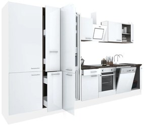 Yorki 370 konyhabútor fehér korpusz,selyemfényű fehér front alsó sütős elemmel polcos szekrénnyel és alulfagyasztós hűtős szekrénnyel