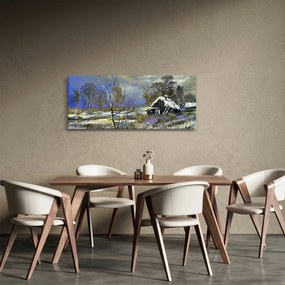 Téli tájon lévő házikó képe, olajfestmény (120x50 cm)