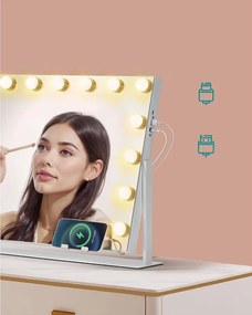SONGMICS sminktükör világítással, 58 x 43 cm, kozmetikai tükör 15 LED izzóval, matt fehér
