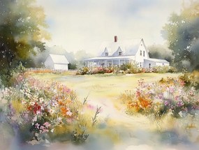 Vászonkép Canvas Tájkép Falu Ház Veranda Virágok Tavasz Nyár 80x60