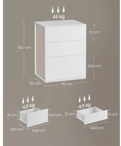 Éjjeliszekrény, 3 fiókkal, fehér és bézs