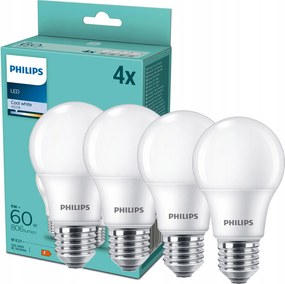 4x Led izzó E27 A60 9W 60W 806lm 4000K Semleges Tejes Philips