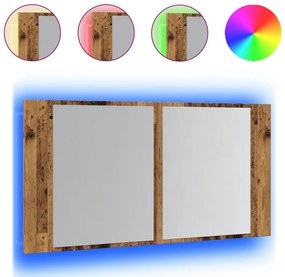 antik fa színű szerelt fa tükrösszekrény LED-del 90x12x45 cm