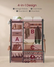 Előszobafal paddal és cipőtárolóval 40x120x190 cm, barna/fekete