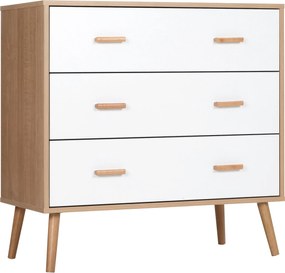 HOMCOM Fából készült Magas Fiókos Szekrény 3 Fiókkal Modern Tároló Szekrény Emelt Lábakkal Hálószobába vagy Nappaliba 80x39x80 cm Fehér és Természetes