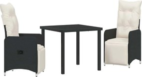 vidaXL Kert étkező szett párnával 3 pcs Fekete polirattan