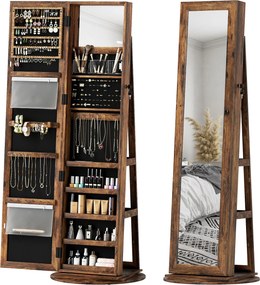 HOMCOM 360°-os forgó ékszertartó szekrény, kulcsos ékszerdoboz, teljes hosszúságú tükör 3 hátsó polccal hálószobába és nappaliba, 55x55x161 cm, ruszti