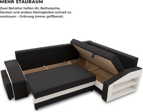 Grande sarokkanapé polcokkal és puffokkal , polc a jobb karfaban puffok a bal karfaban, jobboldali, szövet anyag, bonell töltet, fekete - fehér