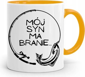 Sárga Bögre Ajándék Fiamnak A Fiamnak Van Egy Kapása, fényképes nyomtatással