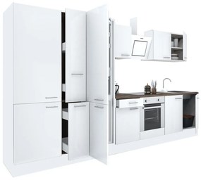 Yorki 360 konyhabútor fehér korpusz,selyemfényű fehér front alsó sütős elemmel polcos szekrénnyel és alulfagyasztós hűtős szekrénnyel