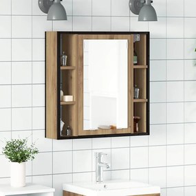 kézműves tölgy szerelt fa tükrös fürdőszobaszekrény 60x16x60 cm