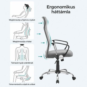 Ergonomikus irodai forgószék párnázott ülőfelülettel, hintamechanikával, állítható magassággal, 120 kg teherbírással, szürke