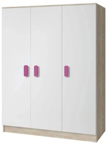 Sven kétajtós gyerekszoba szekrény, fehér + sonoma tölgy, fogantyúk - rózsaszín