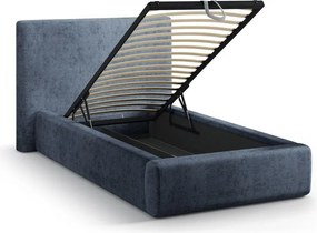 Sötétkék kárpitozott ágyneműtartós egyszemélyes ágy ágyráccsal 90x200 cm Amy – Micadoni