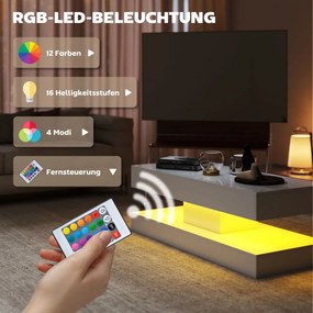 HOMCOM Nappali dohányzóasztal fiókokkal és LED lámpákkal, Modern kanapéasztal nyitott polccal, Fehér