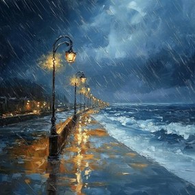 Vászonkép Canvas Tenger Tengerpart Sétány Eső Vihar Hullámok Éjszaka 80x80