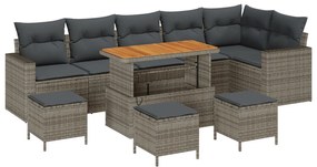 9 részes kertibútor szett párnákkal szürke poli rattan akáccal, 3 részes kertibútor étkező szett párnákkal szürke poli rattan akáccal