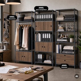 Iratrendező polc zárható szekrénnyel, irodai, nyitott polcok, fém antracit/dió, 800x2200x400 mm: ARIEL Eco Design