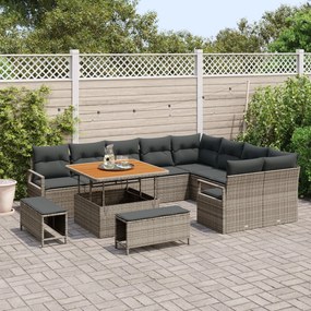 12 darabos Kertifotel Készlet Párnákkal Szürke Poli Rattan Akáciával