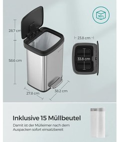SONGMICS 50 literes konyhai szemetes, fém pedálos kuka fedéllel, keskeny és magas kialakítás, tágas, ezüst