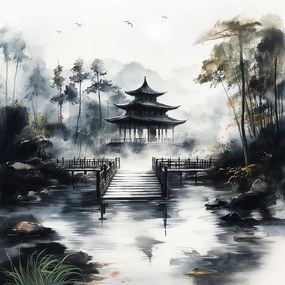 Vászonkép Canvas Japán Ázsia Templom Pagoda Kert Köd 40x40