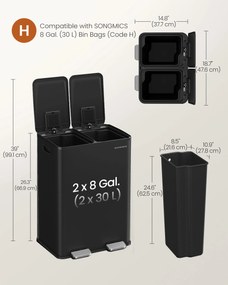 SONGMICS 60L Konyhai szemetes (2x30L), lágy záródás, fekete