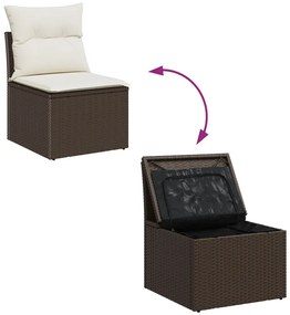 5 darabos kerti sofa garnitúra párnákkal, barna poli rattan, 2 fős kerti sofa tárolóval és párnákkal, barna poli rattan