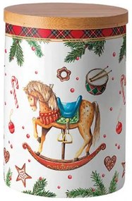 Karácsonyi hintalovas porcelán konyhai tároló bambusz szilikon zárógyűrűvel Christmas Toys közepes
