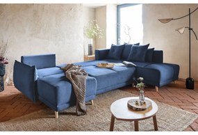 Sötétkék kordbársony kinyitható sarokkanapé (jobb oldali-U alakú) Lazy Lukka – Miuform