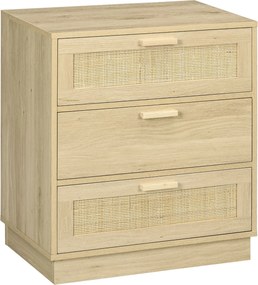 HOMCOM Éjjeli szekrény 3 Rattan Rácsos Fiókkal Fából készült Szekrény Hálószobába, Nappaliba Bohemian Stílusban 60x38x69 cm Természetes | Aosom