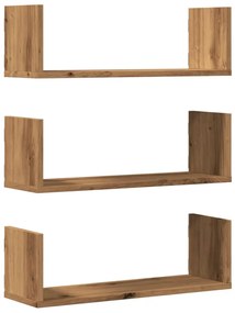3 db kézműves tölgy színű szerelt fa fali polc 58 x 18 x 18 cm