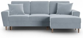 Világoskék bársony kinyitható tárolóhelyes sarokkanapé (jobb oldali-heverő résszel) Kyoto – Cosmopolitan Design