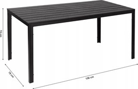 Kerti asztal, MultiGarden SAK-156, fekete, 156 x 78 cm, 6 személyes, magasság: 74 cm, fahatású műanyag asztallap, porszórt acél váz, teherbírás: 150 kg