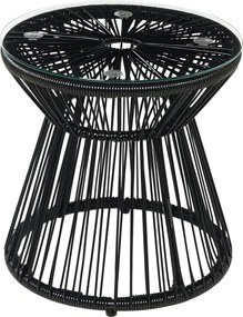 Outsunny Kerek Üveg Asztallal Ellátott PE Rattan Oldalsó Asztal, Üreges Dob dizájn, Kültéri Bútor, Kerti Asztal, 40x40x42cm, Fekete | Aosom
