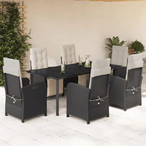 7 részes fekete polyrattan kerti étkezőgarnitúra párnával