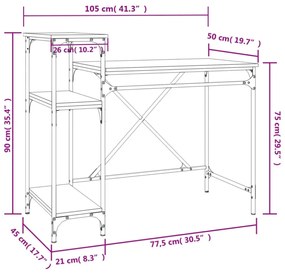 füstös tölgy szerelt fa és vas íróasztal polcokkal 105x50x90 cm