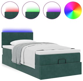 sötétzöld bársony ottomán ágy matraccal &amp; LED-ek 90x200 cm