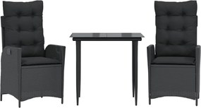 vidaXL 3 részes fekete polyrattan kerti étkezőgarnitúra párnákkal