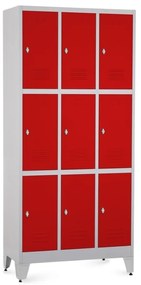 Fém szekrény - 9 doboz, 90 x 45 x 196,5 cm, helyreigazítással, lakathoz zár, piros - ral 3000