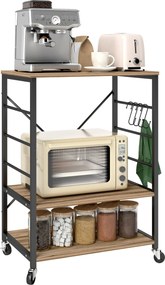 HOMCOM 3-Szintes Ipari Stílusú Konyhai Polc, Mikrohullámú Sütő és Tálalókocsi Kerekekkel és 4 Akasszal, Acél Szerkezet, Nappalihoz és Könyvtárhoz, 60x