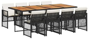 9 részes fekete polyrattan kerti étkezőgarnitúra párnákkal