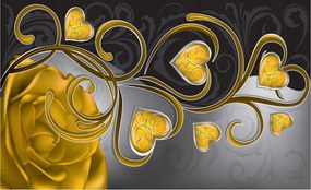 Fotótapéta Sárga rózsa szívekkel és arannyal 254x184 Glamour és szerelem +ragasztó