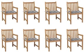 vidaXL 8 db tömör tíkfa kerti szék szürke kockás párnákkal