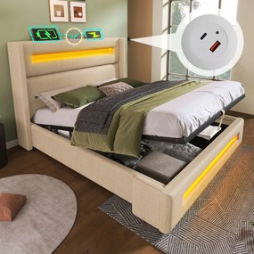 Led kárpitozott ágy 140x200cm Usb Type-C Hidraulikus BÉZS+matrac