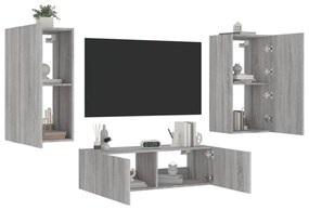 3darab szürke sonoma színű falra szerelhető TV-szekrény LED-del